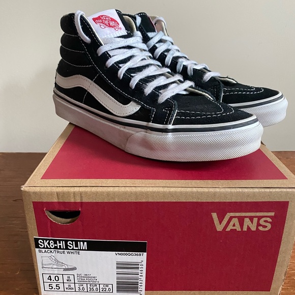 Vans Shoes | Euc Vans Sk8- Hi Slim Size 4.0 | Color: Black/White | Size: 4bb | Saralovescoffee's Closet